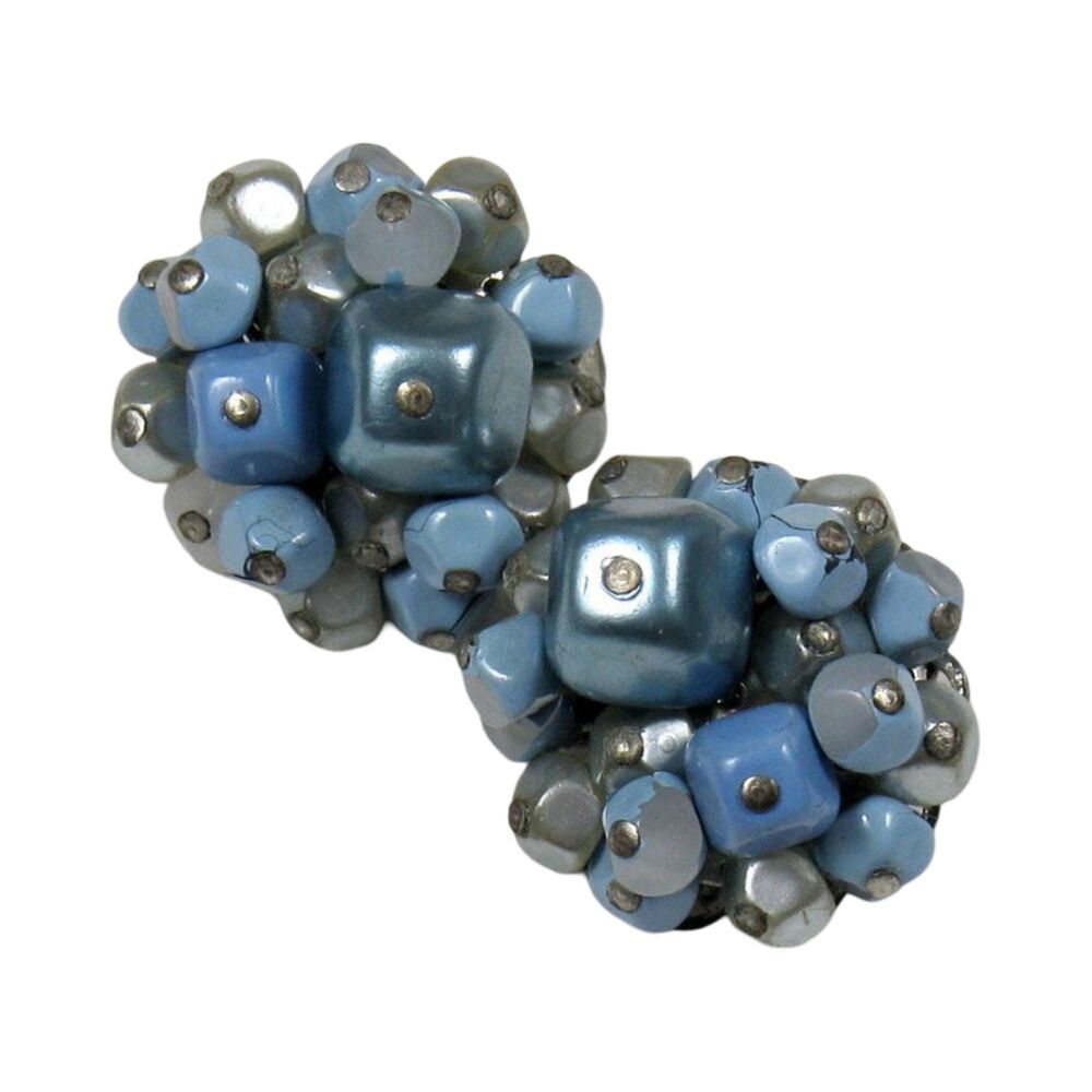 Vintage 1960s Blue Bead Cluster Clip Earrings Japan